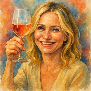 Watercolor portrait of Cameron Diaz toasting us with her wine