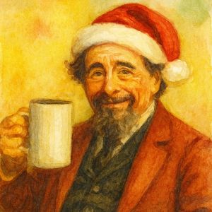 Watercolor of Charles Dickens in a Santa hat, smiling warmly and lifting a mug in a Christmas toast