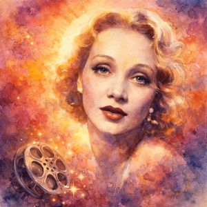 Watercolor portrait of Marlene Dietrich, luminous Hollywood film legend with golden halo and film reel
