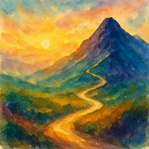 Square watercolor in Daily Celebrations style, winding path up a mountain with gentle dawn light