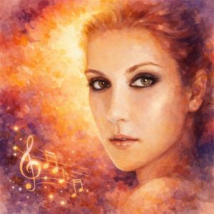 Watercolor portrait of Céline Dion, celebrated pop vocalist with radiant golden aura