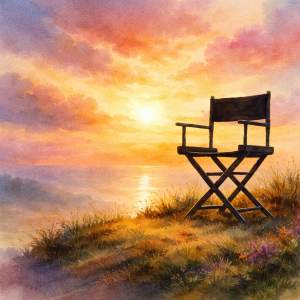 Square watercolor of a director’s chair at sunset, glowing with warm light and quiet anticipation