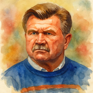 Watercolor portrait of Mike Ditka — confident and strong, with fire in his eyes and a proud, determined presence in the Daily Celebrations style