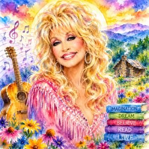 Watercolor portrait of Dolly Parton with Smoky Mountains, guitar, wildflowers, and books