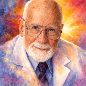 Watercolor portrait of Nobel Prize–winning physician E. Donnall Thomas, pioneer of bone marrow transplantation