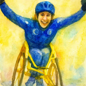Watercolor of Jean Driscoll racing in her wheelchair with arms raised in victory
