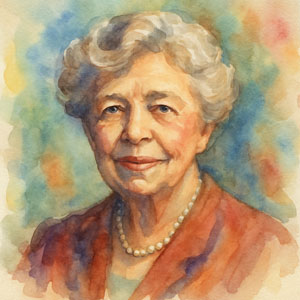 Watercolor portrait of Eleanor Roosevelt with warm, steady gaze and quiet strength