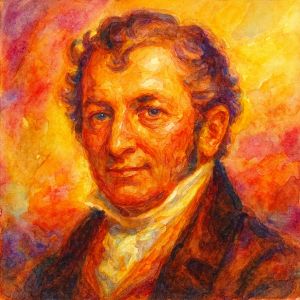 Watercolor portrait of Eli Whitney in warm golden and orange light.