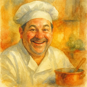 Warm watercolor portrait of Emeril Lagasse, smiling in golden kitchen light, full of joy and heart