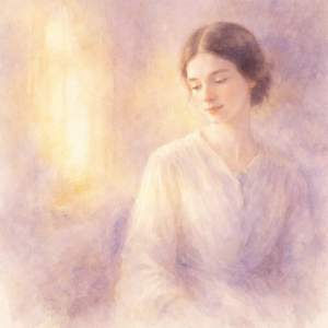 Watercolor portrait of a contemplative poet in soft dawn lavender and gold light