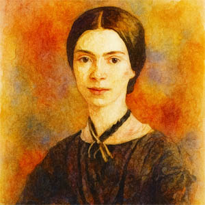 Watercolor portrait of Emily Dickinson with a soft, thoughtful expression.