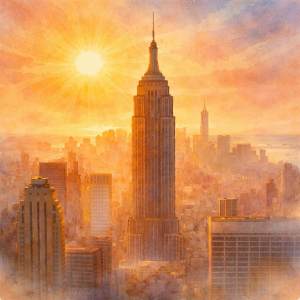 Watercolor of the Empire State Building rising in golden sunrise light over New York City