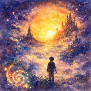 Watercolor image of a luminous fantasy world with radiant light and dreamlike color