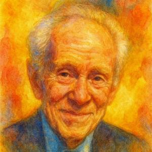 Watercolor portrait of Aaron Feuerstein in warm, radiant colors, gentle smile and steady eyes