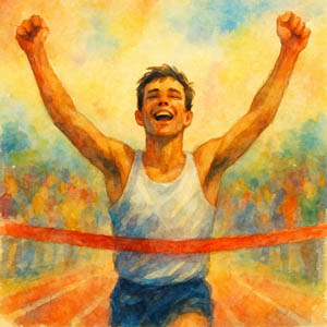 Watercolor of a lone runner breaking the tape, arms lifted, face lit with relief and joy.