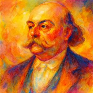 Watercolor portrait of Gustave Flaubert in warm, passionate colors