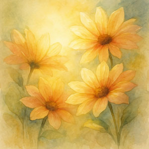 Square watercolor of blossoms facing the light — soft petals, gentle glow