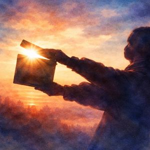 Square watercolor of a filmmaker holding a clapperboard, capturing the moment before a scene begins