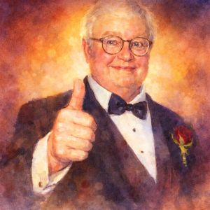 Square watercolor Friendly Roger Ebert thumbs-up in watercolor style