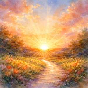 Watercolor of a radiant sun just breaking the horizon, light spilling across a winding path and wildflowers, symbolizing presence, possibility, and the moment life begins again