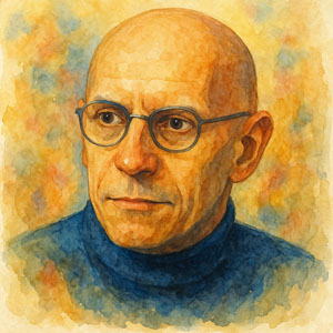 Radiant watercolor portrait of Michel Foucault with gentle light and contemplative warmth, painted in the Daily Celebrations style