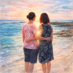 Watercolor of two lifelong friends by the ocean, connected by light