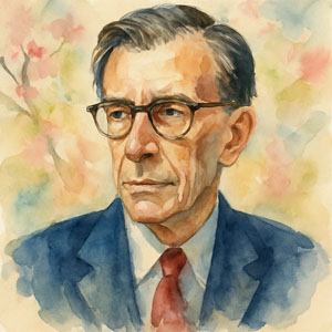 Square watercolor portrait of economist John Kenneth Galbraith