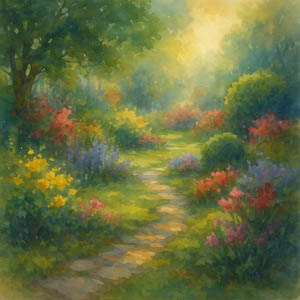 Watercolor garden in bloom with soft light