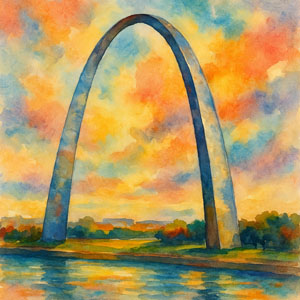Watercolor of the Gateway Arch — stainless steel and sky over the Mississippi