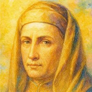 Watercolor portrait of Giotto di Bondone in radiant colors