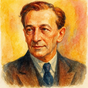 Watercolor portrait of Jean Giraudoux, French playwright with thoughtful eyes and radiant Parisian light