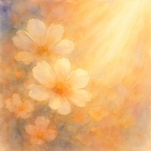 Square watercolor in Daily Celebrations style — soft cascades of light and petals, gentle dawn glow