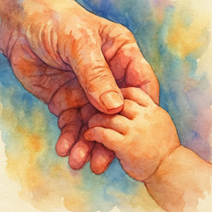 Watercolor of hands of Grandparent and grandchild