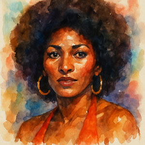 Watercolor portrait of Pam Grier, bold and radiant in warm tones