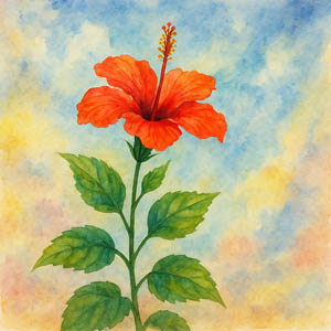 hibiscus growing towards the sky in radiant watercolor style