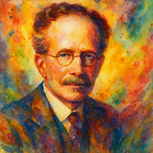 Watercolor portrait of George Ellery Hale with a glowing night sky and telescope silhouettes