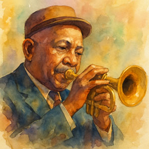 Square watercolor portrait of W. C. Handy holding a trumpet