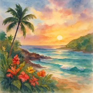Watercolor of Hawaiian coastline at sunrise