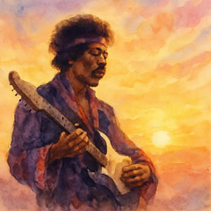Watercolor of Jimi Hendrix playing his guitar at sunrise