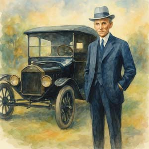 Henry Ford and his Model T watercolor portrait