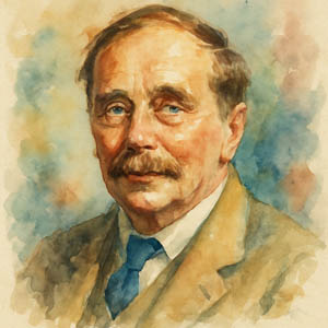 Warm watercolor portrait of H. G. Wells, eyes bright with curiosity