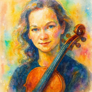 Watercolor portrait of Hilary Hahn holding her violin, calm and focused
