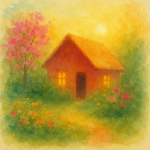 Square watercolor in Daily Celebrations style — a warm doorway glow with soft garden colors suggesting a welcoming home