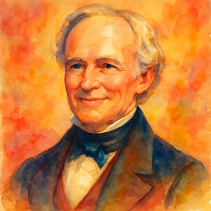 Watercolor portrait of Horace Mann, visionary educator, in warm golden light