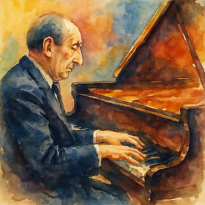 Watercolor portrait of Vladimir Horowitz playing piano in Daily Celebrations style