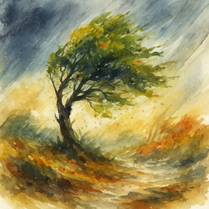 Watercolor of Hurricane Iniki devastation on Kauai
