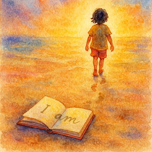An open journal resting on the ground as a barefoot child walks away toward soft light, leaving a trail of footprints. Warm, hopeful colors, DailyCelebrations.com style — tender, brave, and full of becoming.