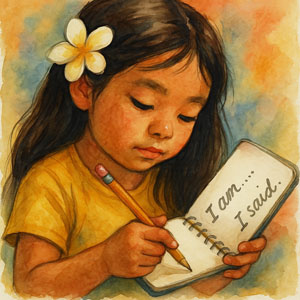 Square watercolor of a young Japanese-Portuguese girl writing “I am… I said” in her journal, the book turned toward her, soft light glowing around her