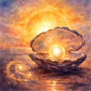 Open oyster with a glowing pearl symbolizing insight emerging from experience