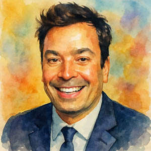 Playful watercolor portrait of Jimmy Fallon with a warm smile
